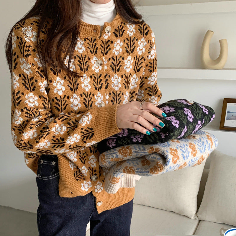 Flower Round Neck Sweater Women Cardigan Jacket - Stuffs & Savers