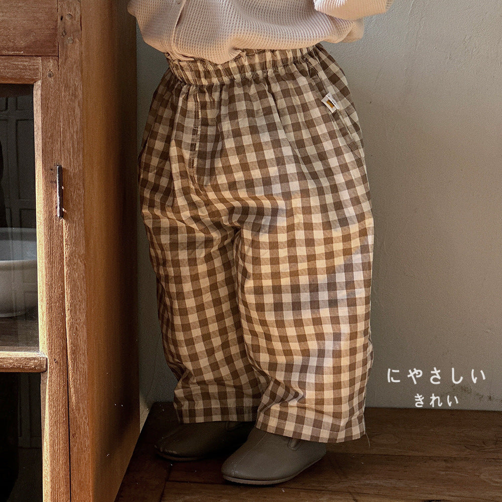 Boys Cotton Loose-fit Plaid Wide-leg Pants