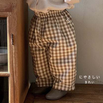Boys Cotton Loose-fit Plaid Wide-leg Pants