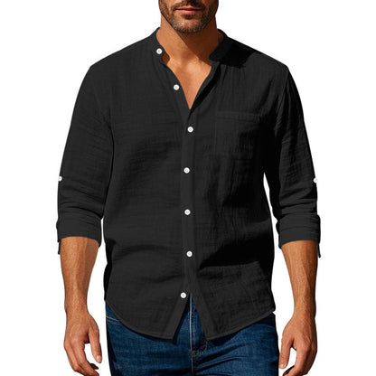 Linen Long Sleeve Stand Collar Shirt