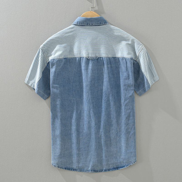 Patchwork Striped Denim Short Sleeve Shirt