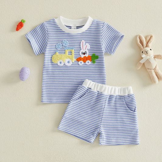 Rabbit Embroidered Waffle-Knit Baby Two-Piece Set