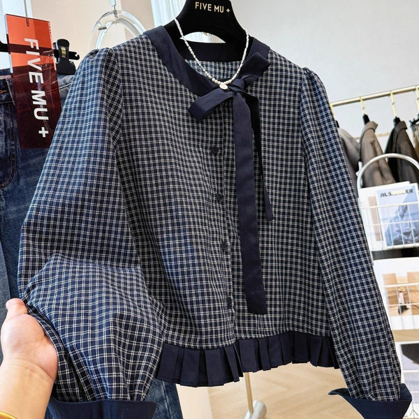 Loose Slimming Plaid Bow-Tied Ruffle-Trimmed Shirt