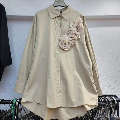 Fashion Women's Three-dimensional Flower T-shirts Loose Casual Long Sleeved Solid Color Tops Female  Autumn