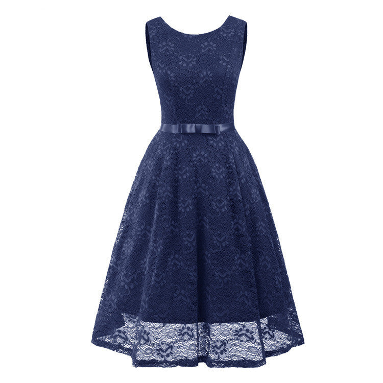 Robe longue sans manches en dentelle pour femme – Col rond, élégante pour demoiselle d'honneur et soirée