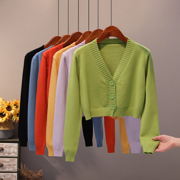 V Neck Sweater Thin Sweater Small Coat High Waist Short Cardigan Women - Stuffs & Savers