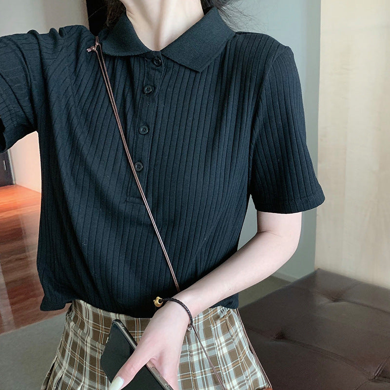 Retro Collar Pit Short-Seeved Women Loose Korean Style Ins Harajuku Style Sweater - Stuffs & Savers