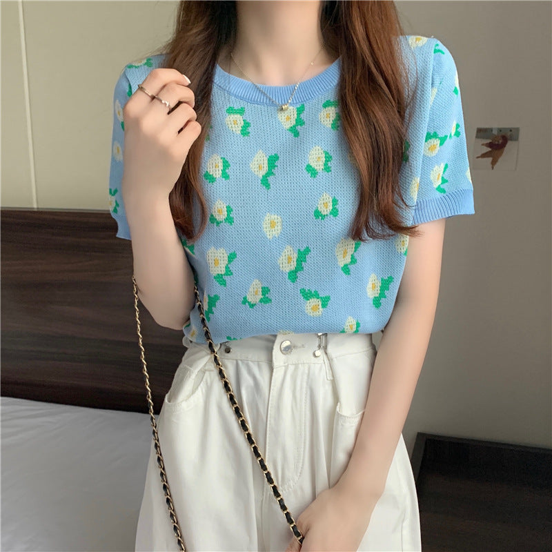 Retro Design Niche Flower Thin Knit Sweater Short Short Sleeve T-shirt Women - Stuffs & Savers