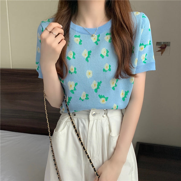 Retro Design Niche Flower Thin Knit Sweater Short Short Sleeve T-shirt Women - Stuffs & Savers
