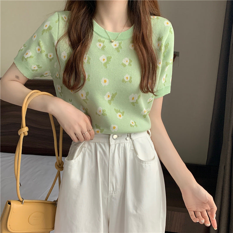 Retro Design Niche Flower Thin Knit Sweater Short Short Sleeve T-shirt Women - Stuffs & Savers