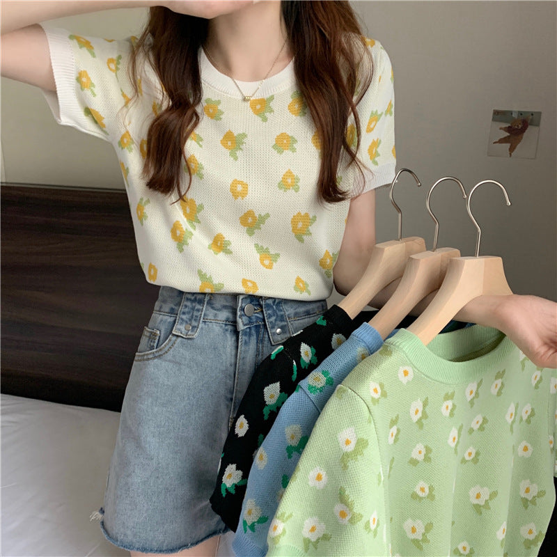 Retro Design Niche Flower Thin Knit Sweater Short Short Sleeve T-shirt Women - Stuffs & Savers