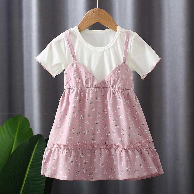 Girls Round Neck Two-piece Suspender Skirt