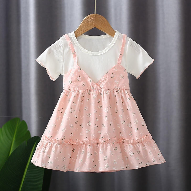 Girls Round Neck Two-piece Suspender Skirt