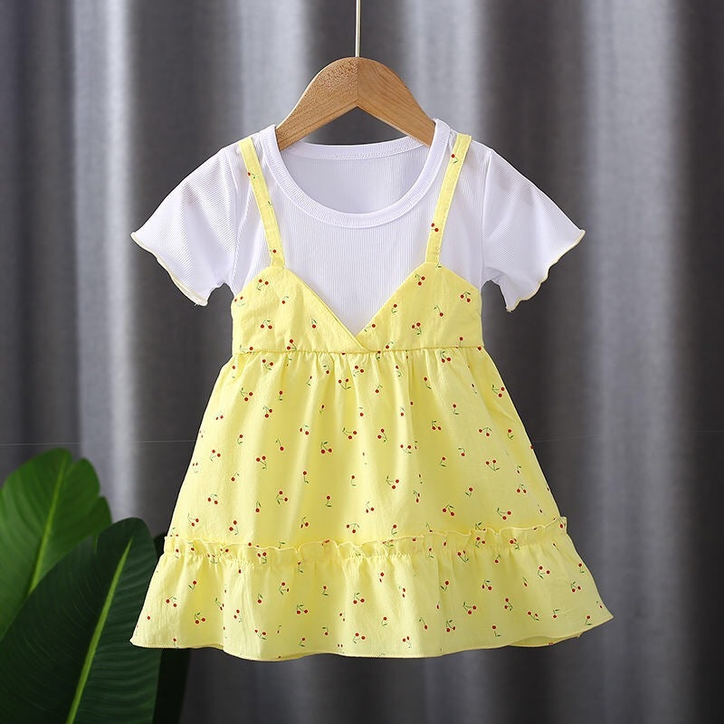 Girls Round Neck Two-piece Suspender Skirt