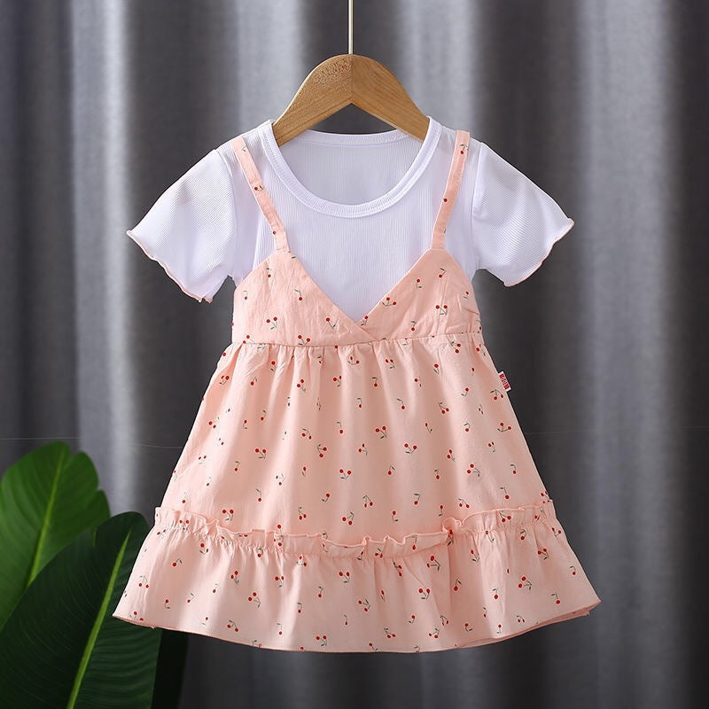 Girls Round Neck Two-piece Suspender Skirt