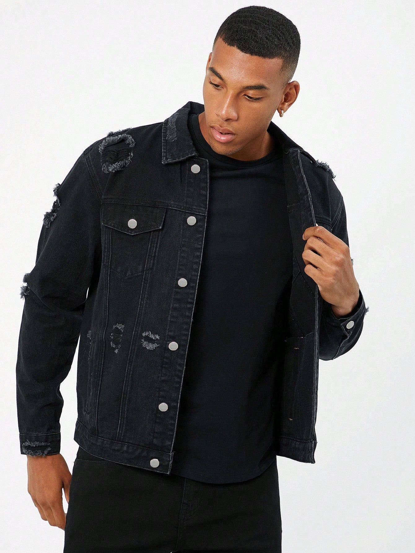 Manfinity EMRG Homme Veste en Jean en Coton Déchiré à Rabat