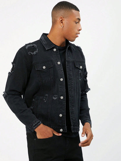 Manfinity EMRG Homme Veste en Jean en Coton Déchiré à Rabat