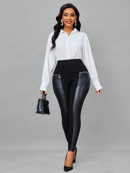Legging Femme en Simili Cuir Taille Large avec Fermeture Éclair