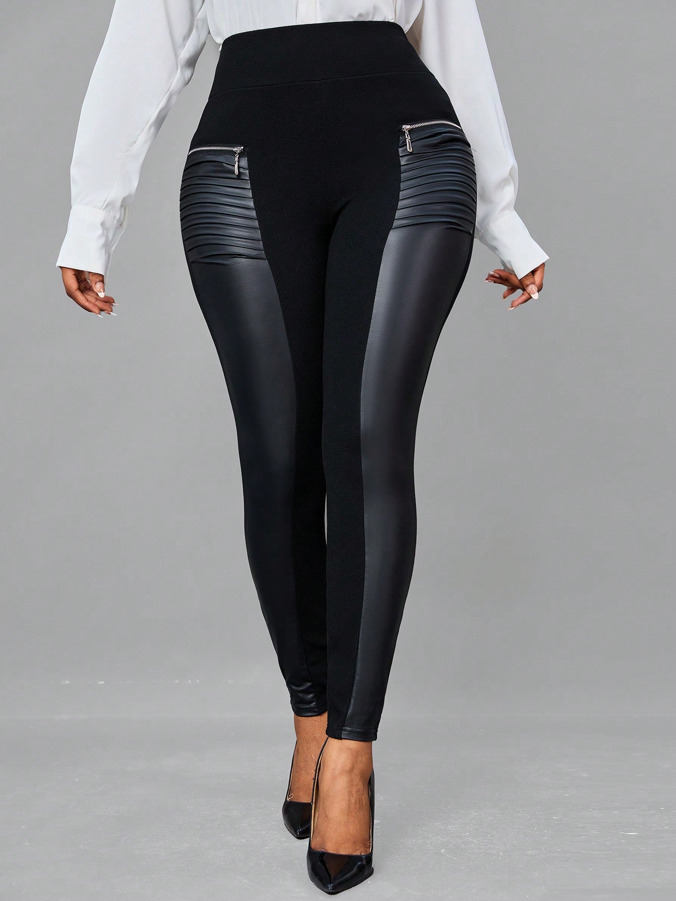 Legging Femme en Simili Cuir Taille Large avec Fermeture Éclair