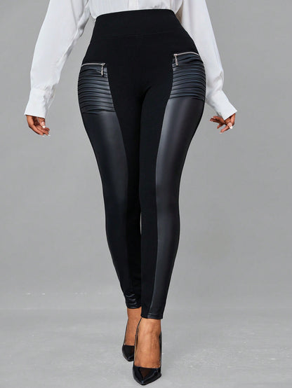 Legging Femme en Simili Cuir Taille Large avec Fermeture Éclair