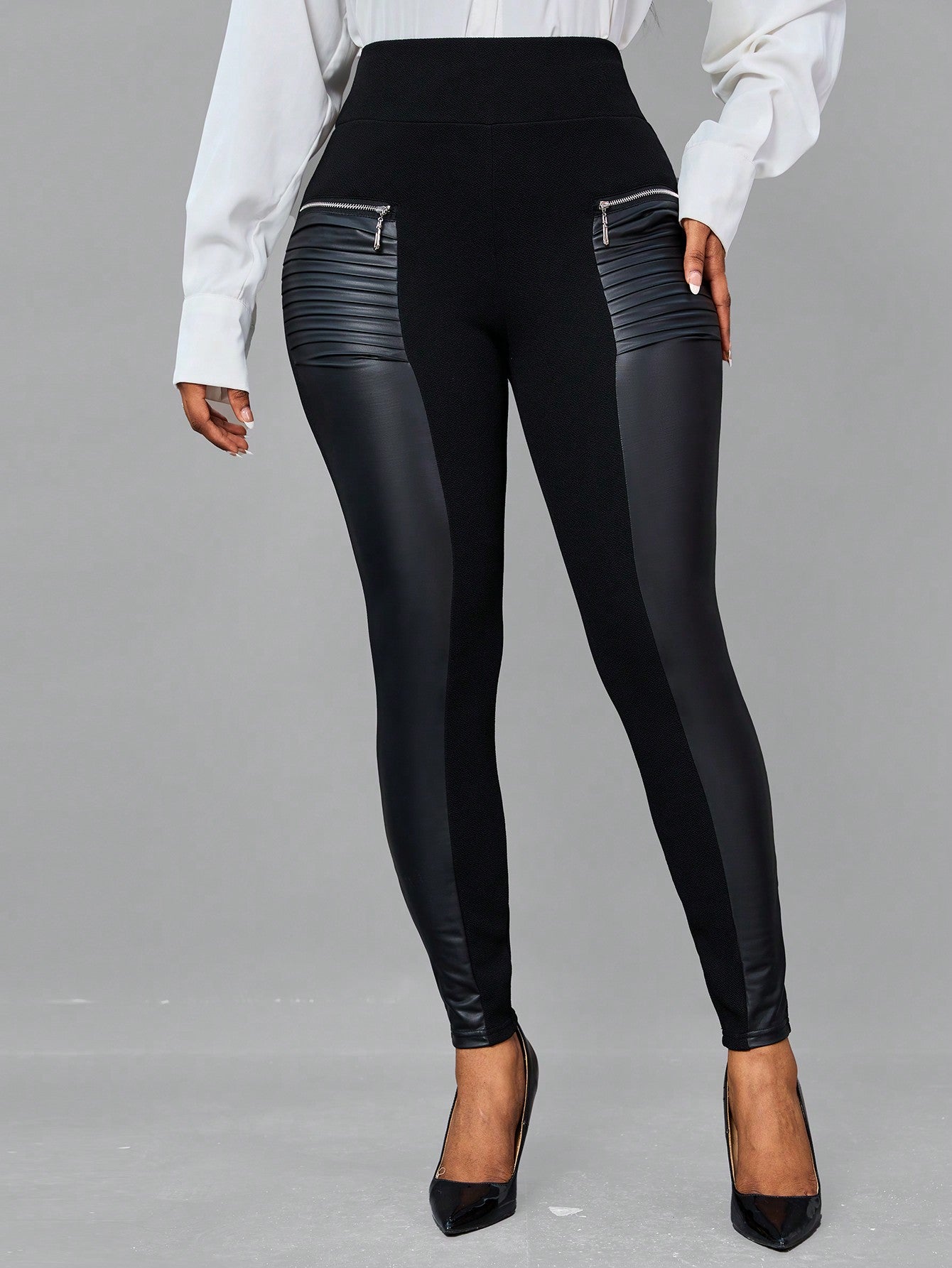 Legging Femme en Simili Cuir Taille Large avec Fermeture Éclair