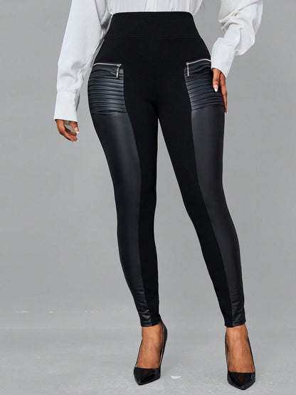 Legging Femme en Simili Cuir Taille Large avec Fermeture Éclair