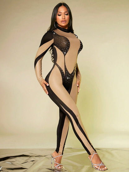 Combinaison-pantalon unitard SXY à col montant avec strass et blocs de couleur