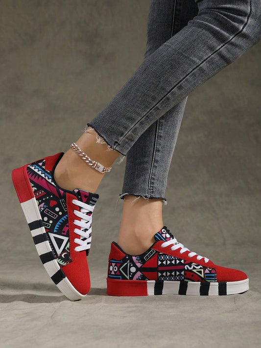 Women's Casual Low-cut Skate Shoes, Geometric Print, Stylish, Comfortable, Breathable, Suitable For Men And Women, Ideal For Daily Wear, Outdoor Activities, Hiking, Festivals And Parties