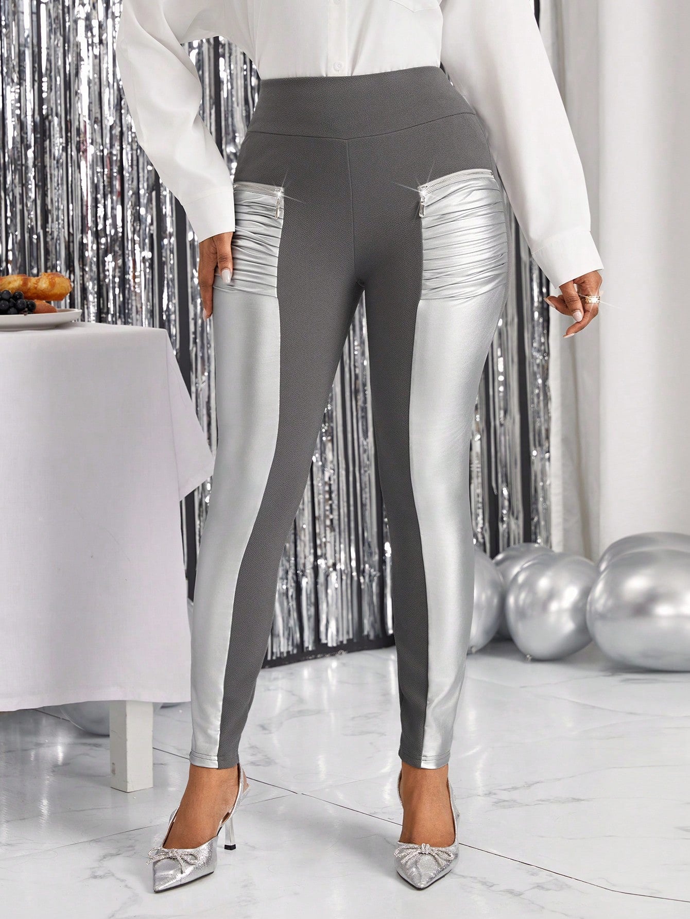 Legging Femme en Simili Cuir Taille Large avec Fermeture Éclair