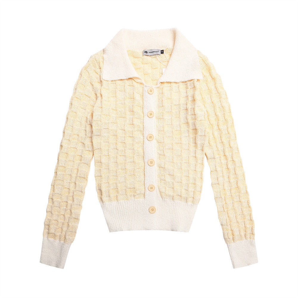 Knitted Cardigan with Plaid Color-blocked Lapel Button-up Sweater