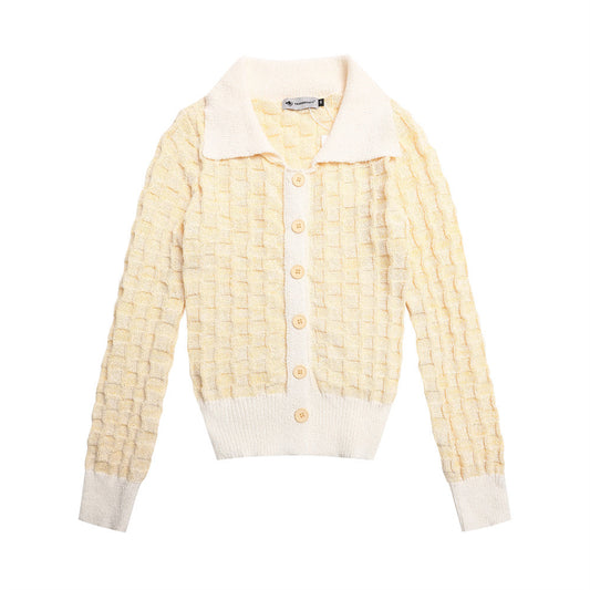 Knitted Cardigan with Plaid Color-blocked Lapel Button-up Sweater