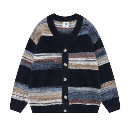 Men's Vintage Striped V-Neck Open Front Knit Cardigan