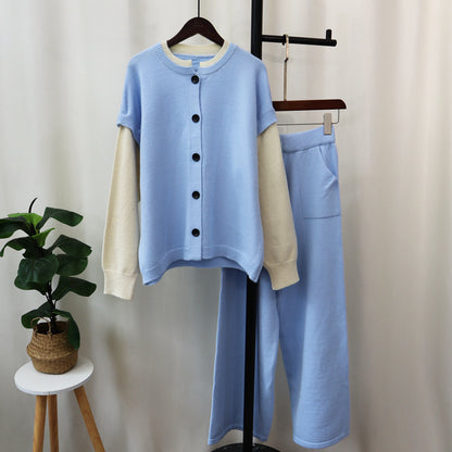 Detachable sleeve knitted cardigan, woolen pants, loose contrasting sweater set