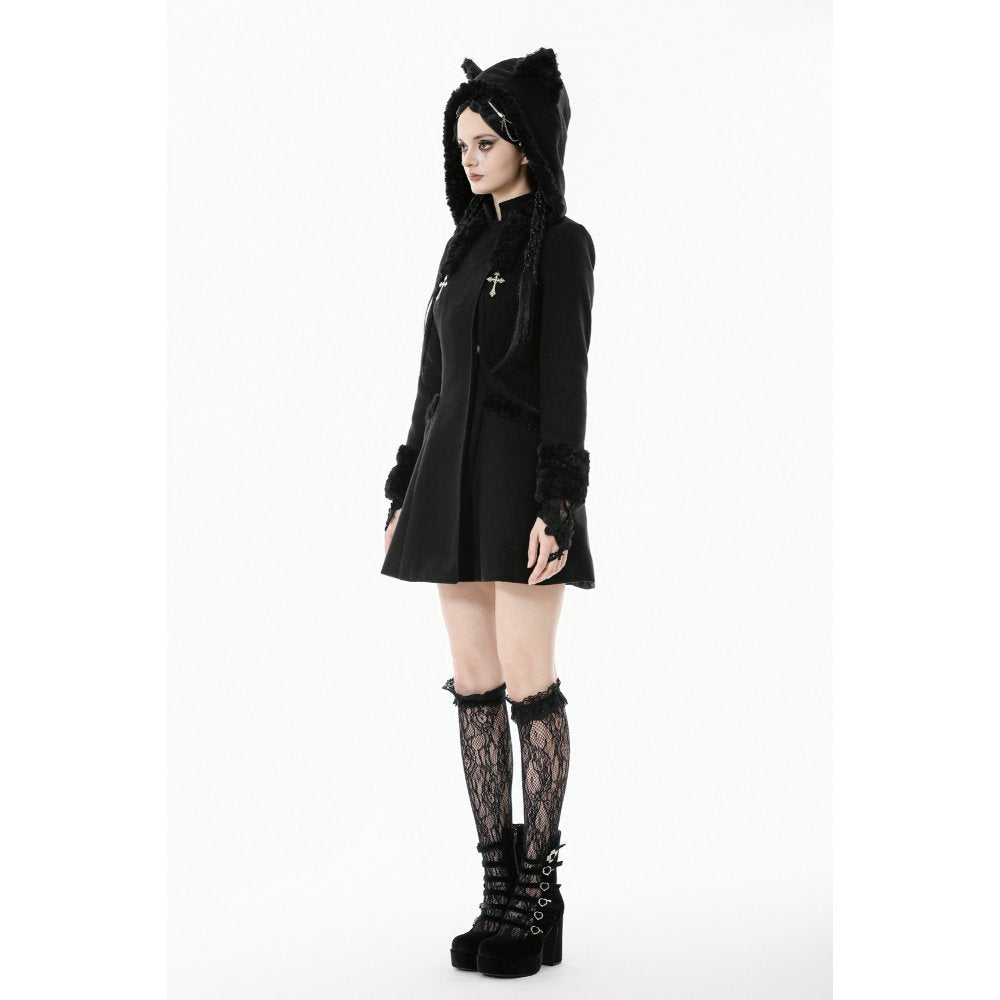 Manteau gothique Dark in Love avec oreilles de chat en fausse fourrure