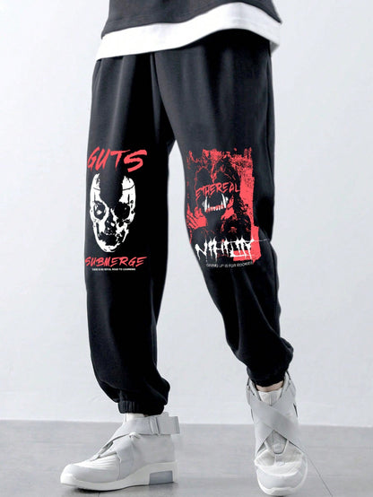 Pantalon de jogging ROMWE Grunge Punk pour homme avec imprimé tête de mort et texte à cordon