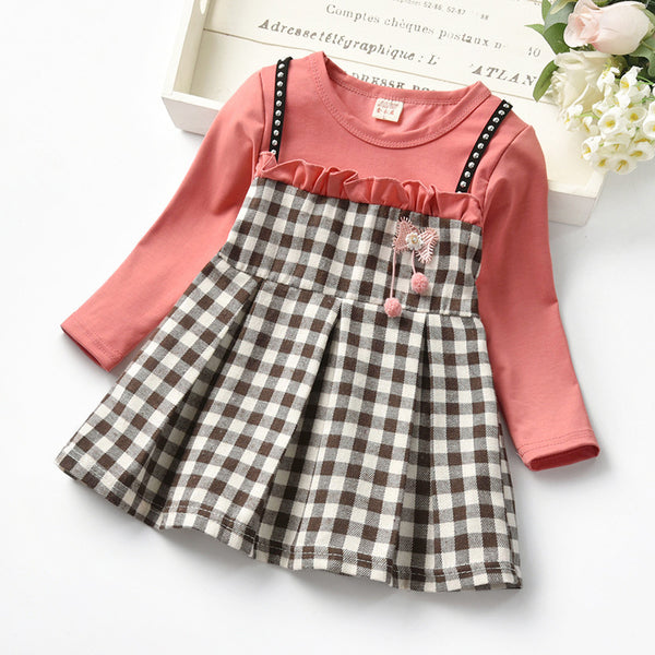 Robe pour fille à carreaux et rivets, manches longues, fausse deux-pièces, en dentelle, pour le printemps et l'automne