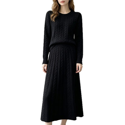 Round neck pullover sweater skirt set for women