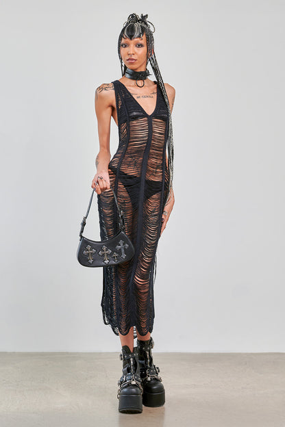 Banned Apparel Gothic Mesh Dress Sheer Distressed Black