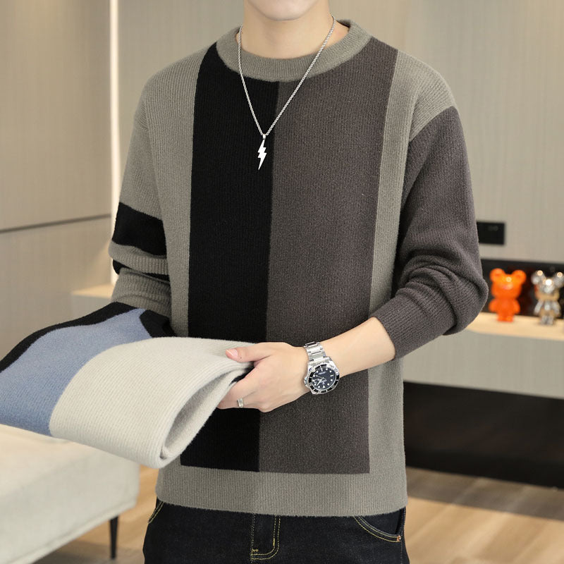 Mens Color-block Crew Neck Warm Sweater