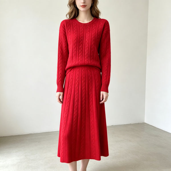 Round neck pullover sweater skirt set for women