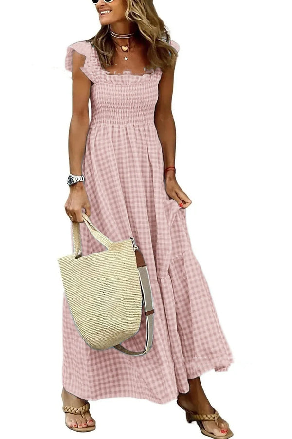 Womens Plaid Print Pleated Ruffle Dress