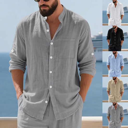 Chemise respirante en lin pour homme à col montant et manches longues