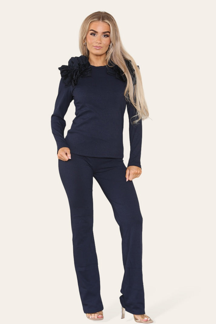Ruffle Frill Shoulder Ribbed Loungewear Set