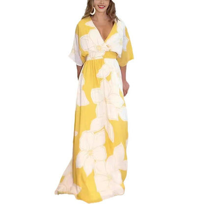 Flower Printed V-neck Batwing-sleeved Dress