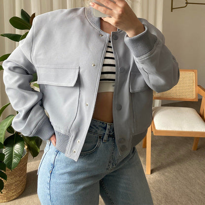 Veste de mode à col montant avec grandes poches décontractée ample courte vêtement d'extérieur haut manteau pour femmes