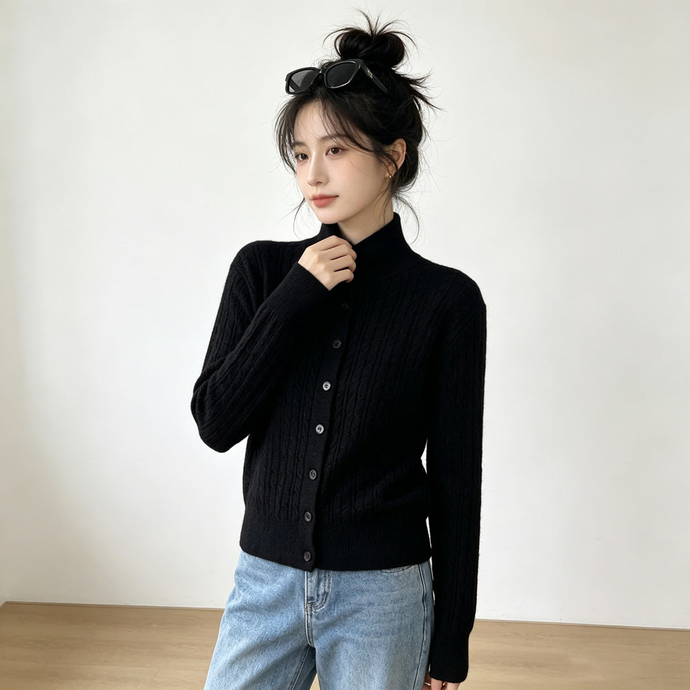 Single breasted high neck long sleeved sweater