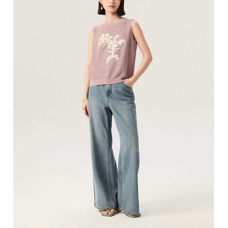 Lightweight Knit Sleeveless Top with Embroidery and Color-block Pattern, Elegant Summer Style