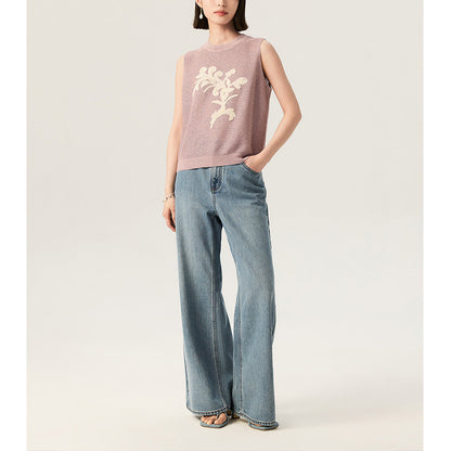 Lightweight Knit Sleeveless Top with Embroidery and Color-block Pattern, Elegant Summer Style