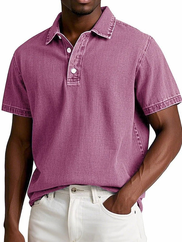 Men's Solid Colour Vintage Lapel Polo Shirt - Short Sleeve