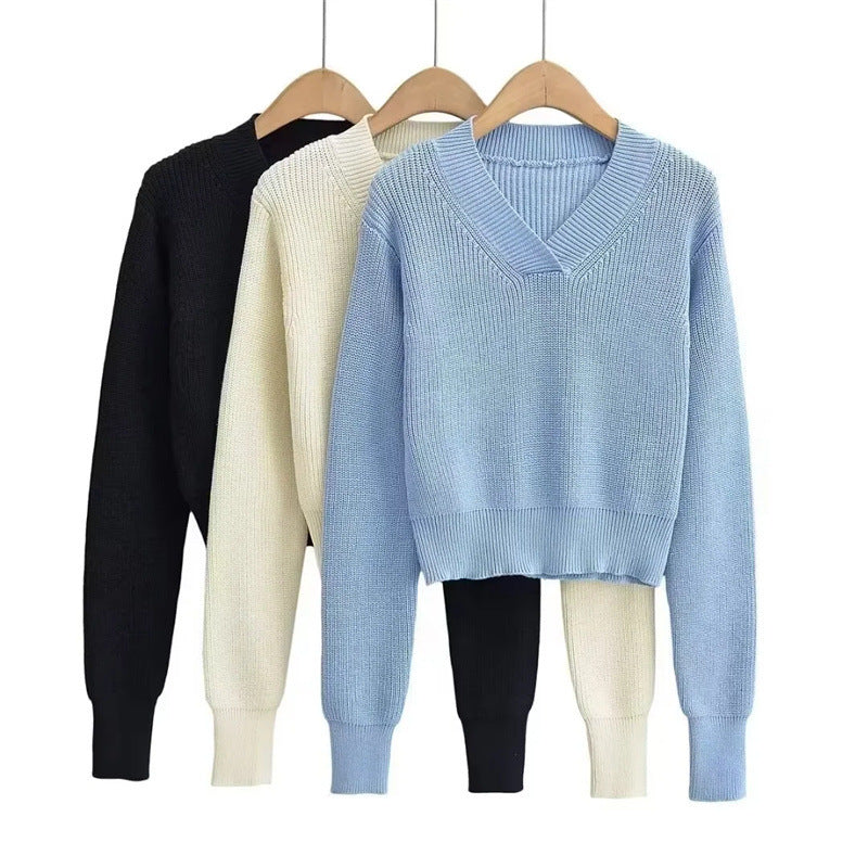 V-neck Thick Pullover Cropped Sweater